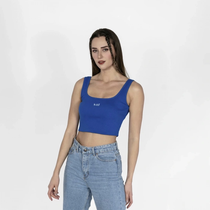 Geniş Askılı Nakışlı Kaşkorse Kadın Saks Mavi Crop