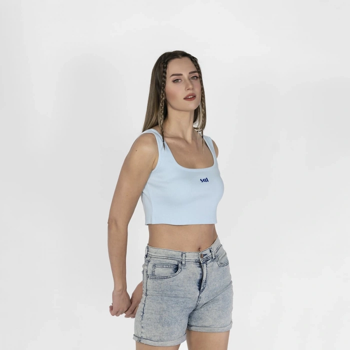 Geniş Askılı Nakışlı Kaşkorse Kadın Açık Mavi Crop