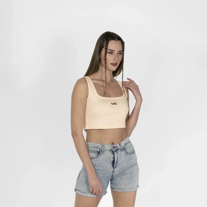 Geniş Askılı Nakışlı Kaşkorse Kadın Ekru Crop