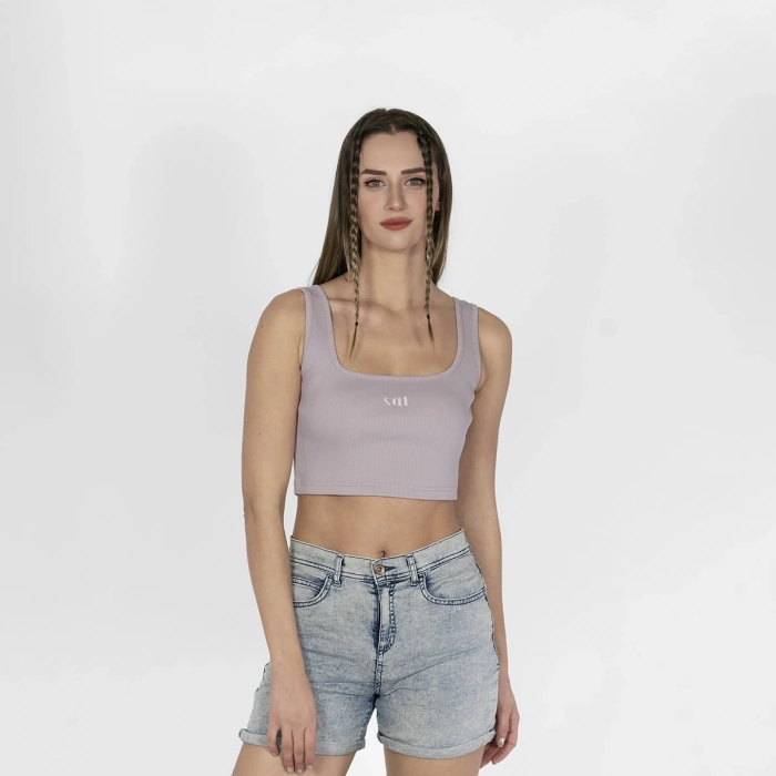 Geniş Askılı Nakışlı Kaşkorse Kadın Lila Crop