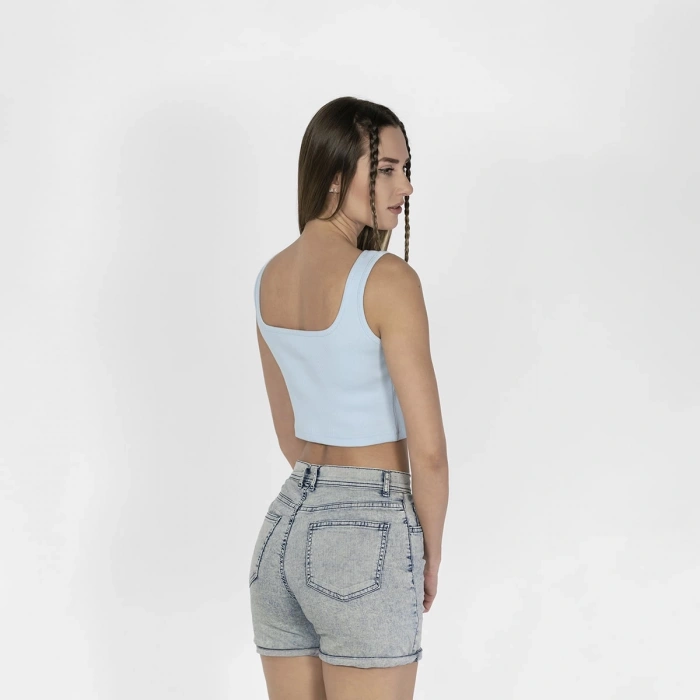 Geniş Askılı Nakışlı Kaşkorse Kadın Açık Mavi Crop