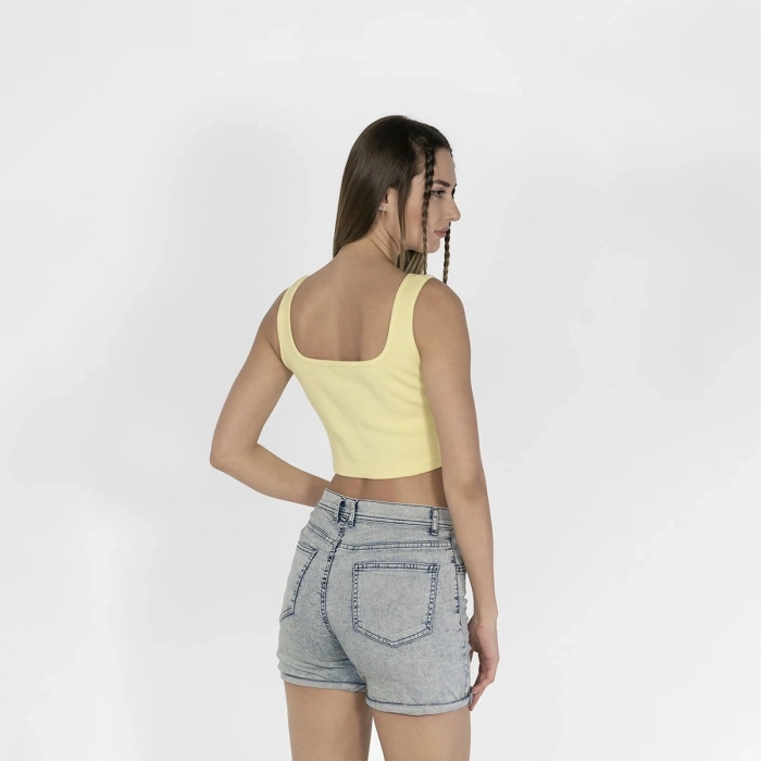 Geniş Askılı Nakışlı Kaşkorse Kadın Açık Sarı Crop