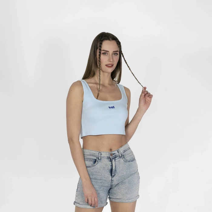 Geniş Askılı Nakışlı Kaşkorse Kadın Açık Mavi Crop