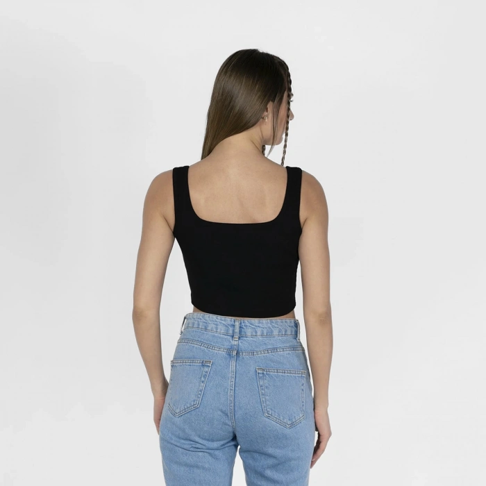 Geniş Askılı Nakışlı Kaşkorse Kadın Siyah Crop