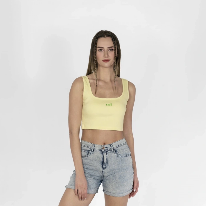 Geniş Askılı Nakışlı Kaşkorse Kadın Açık Sarı Crop