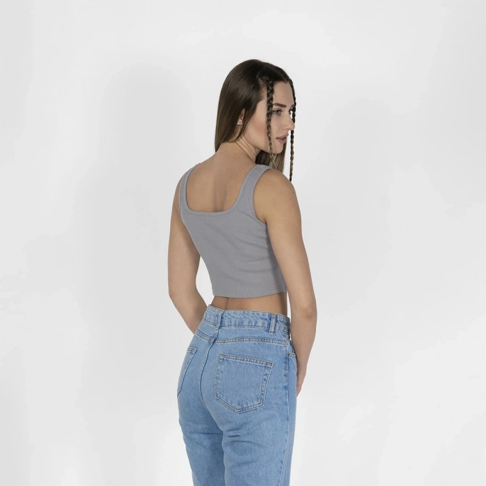 Geniş Askılı Nakışlı Kaşkorse Kadın Gri Crop