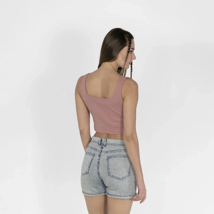 Geniş Askılı Nakışlı Kaşkorse Kadın Pembe Crop