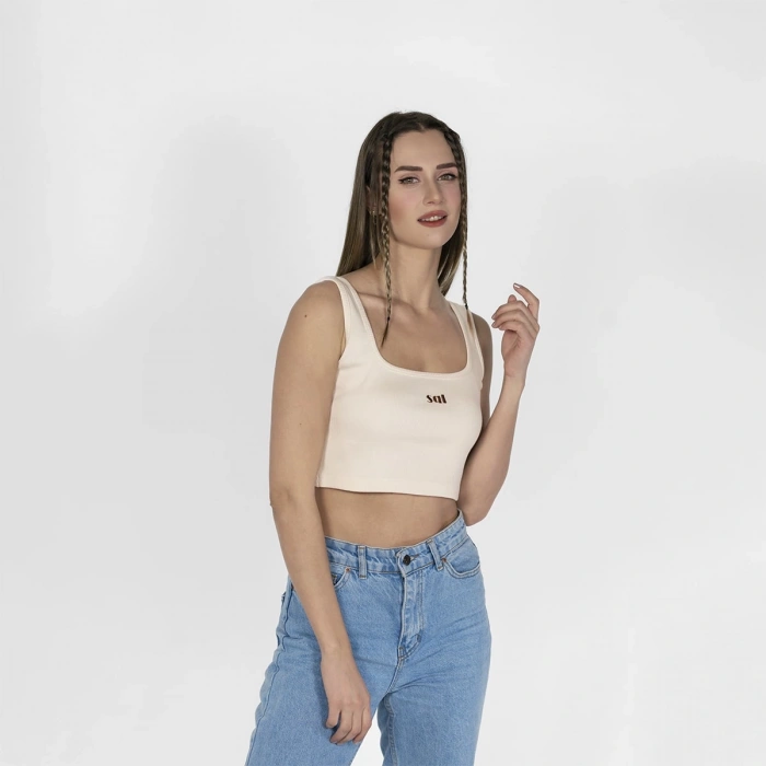 Geniş Askılı Nakışlı Kaşkorse Kadın Kırık Beyaz Crop