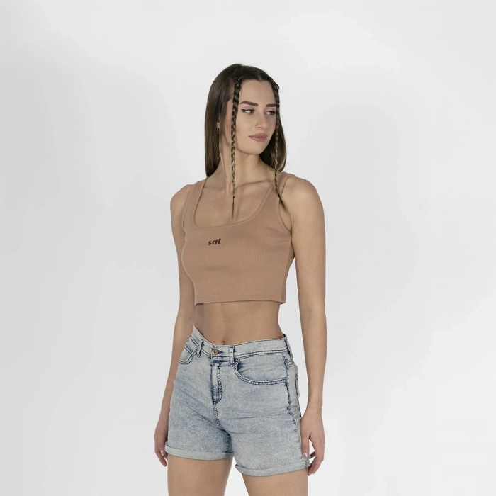 Geniş Askılı Nakışlı Kaşkorse Kadın Kahve Crop