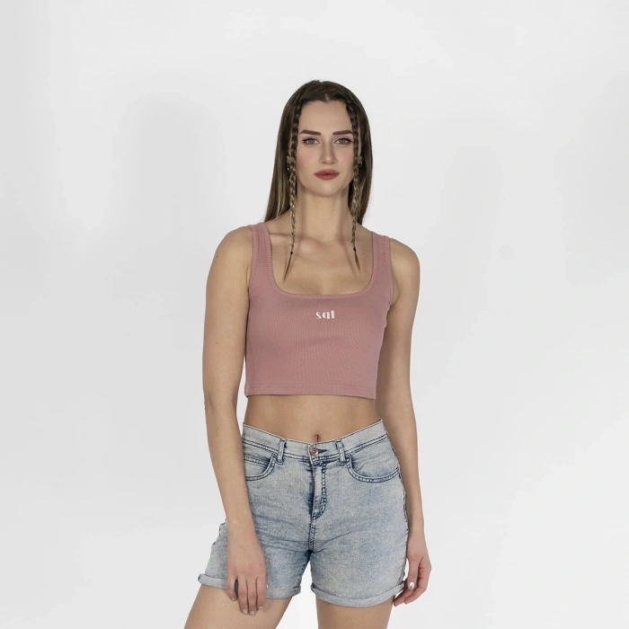 Geniş Askılı Nakışlı Kaşkorse Kadın Pembe Crop