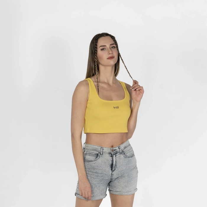 Geniş Askılı Nakışlı Kaşkorse Kadın Sarı Crop