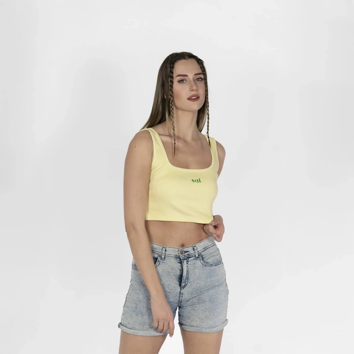 Geniş Askılı Nakışlı Kaşkorse Kadın Açık Sarı Crop