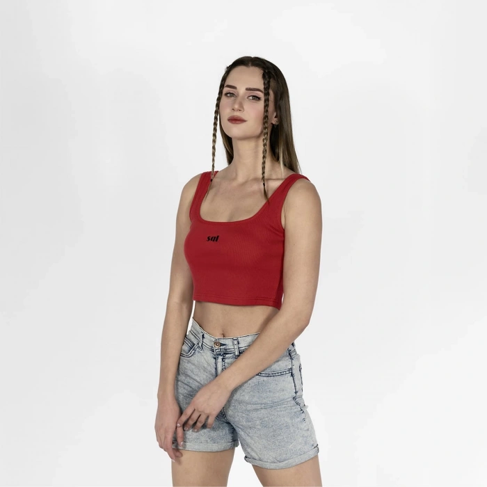 Geniş Askılı Nakışlı Kaşkorse Kadın Kırmızı Crop