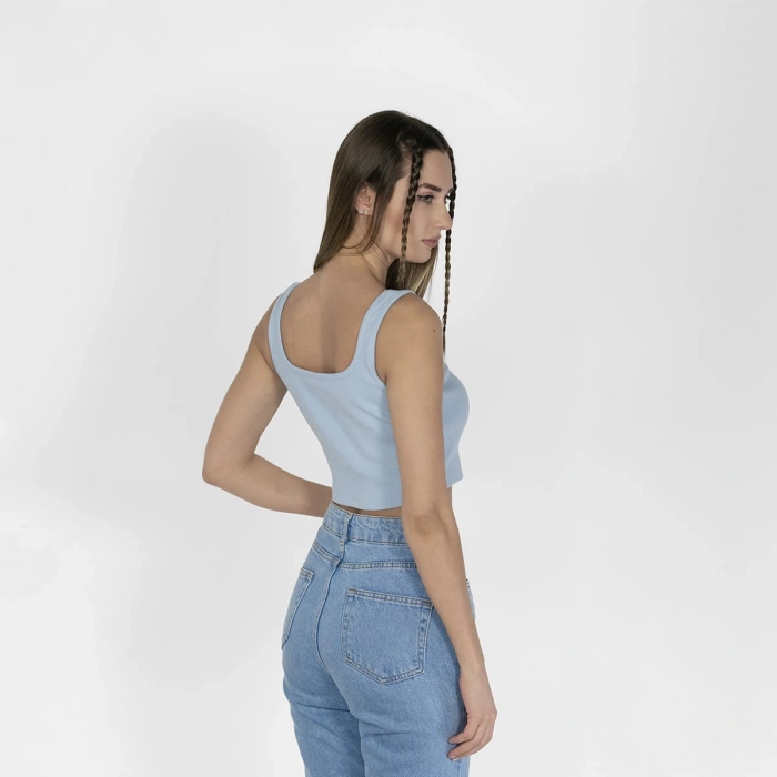 Geniş Askılı Nakışlı Kaşkorse Kadın Mavi Crop