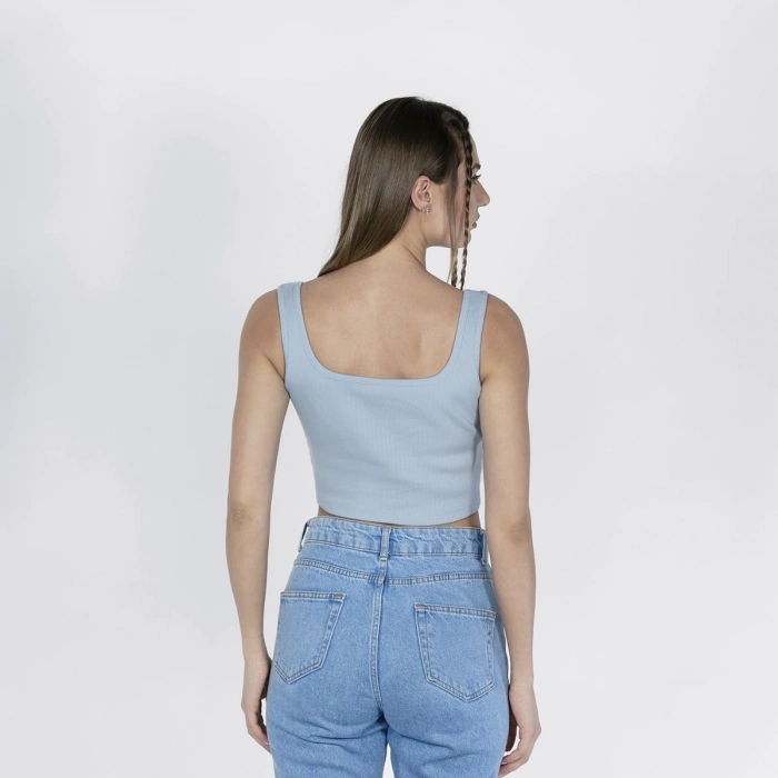 Geniş Askılı Nakışlı Kaşkorse Kadın Mavi Crop