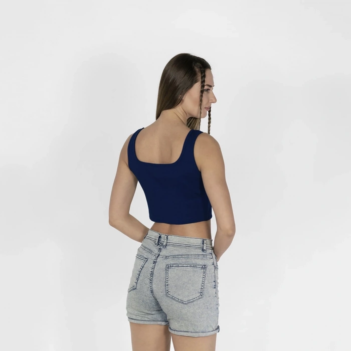 Geniş Askılı Nakışlı Kaşkorse Kadın Lacivert Crop