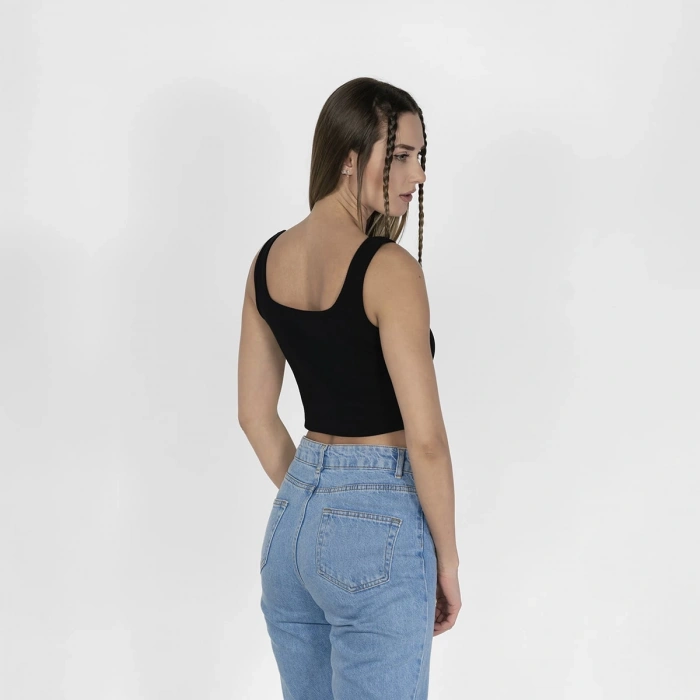 Geniş Askılı Nakışlı Kaşkorse Kadın Siyah Crop