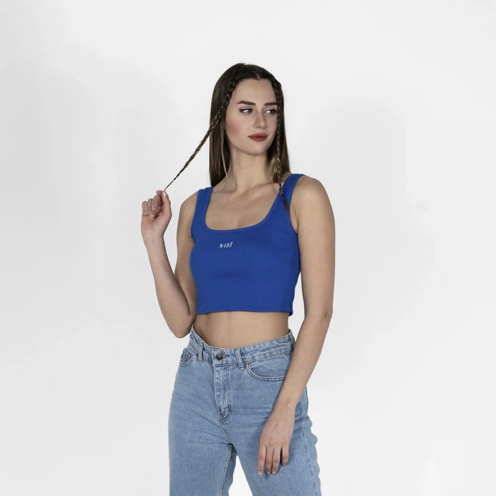 Geniş Askılı Nakışlı Kaşkorse Kadın Saks Mavi Crop