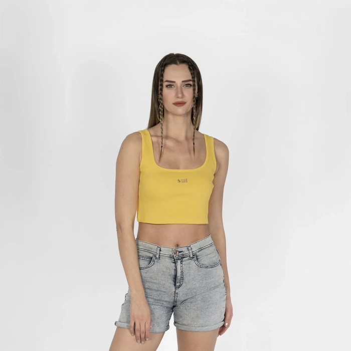 Geniş Askılı Nakışlı Kaşkorse Kadın Sarı Crop