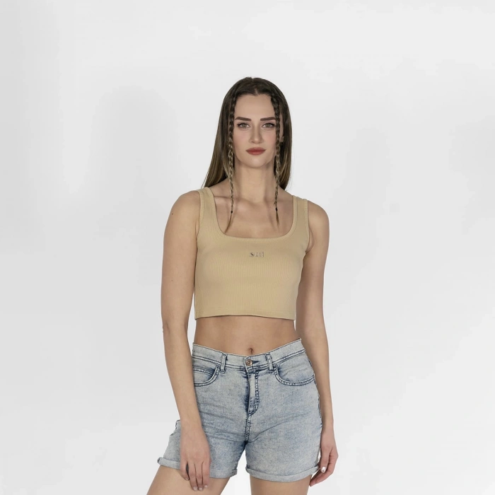 Geniş Askılı Nakışlı Kaşkorse Kadın Bej Crop