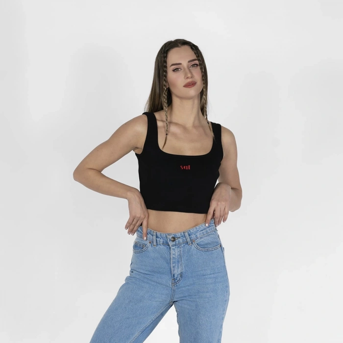 Geniş Askılı Nakışlı Kaşkorse Kadın Siyah Crop