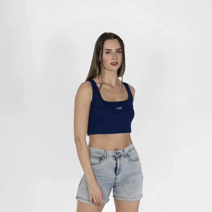 Geniş Askılı Nakışlı Kaşkorse Kadın Lacivert Crop