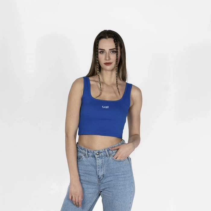 Geniş Askılı Nakışlı Kaşkorse Kadın Saks Mavi Crop