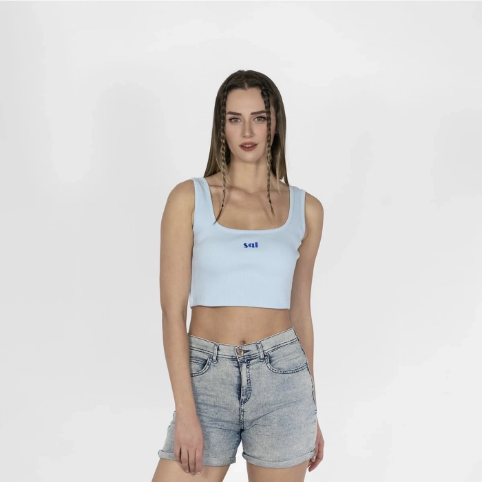 Geniş Askılı Nakışlı Kaşkorse Kadın Açık Mavi Crop