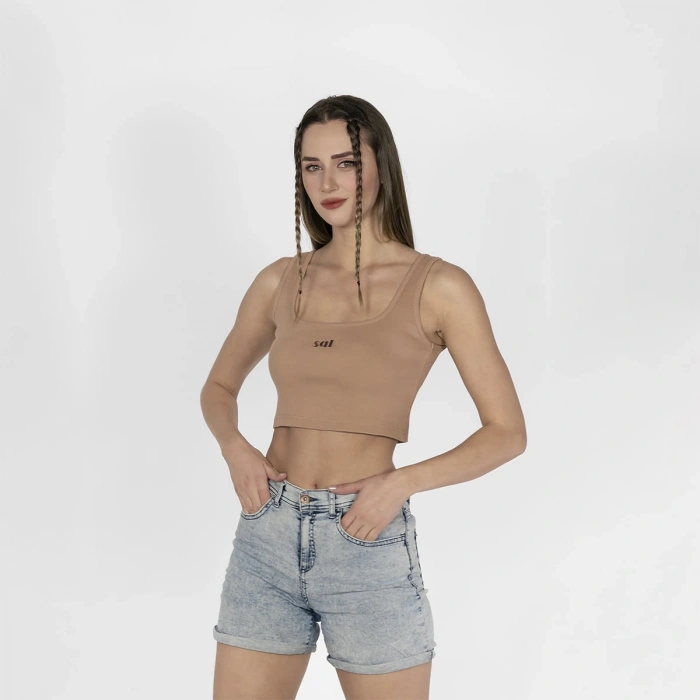 Geniş Askılı Nakışlı Kaşkorse Kadın Kahve Crop