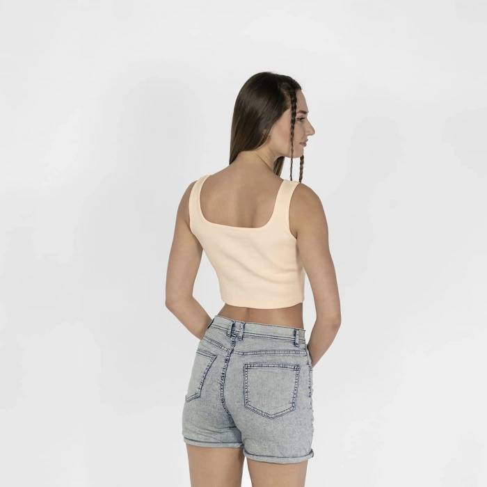 Geniş Askılı Nakışlı Kaşkorse Kadın Ekru Crop