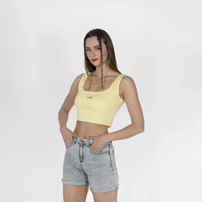 Geniş Askılı Nakışlı Kaşkorse Kadın Açık Sarı Crop