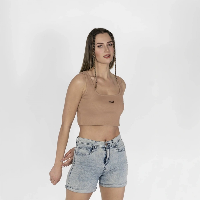 Geniş Askılı Nakışlı Kaşkorse Kadın Kahve Crop