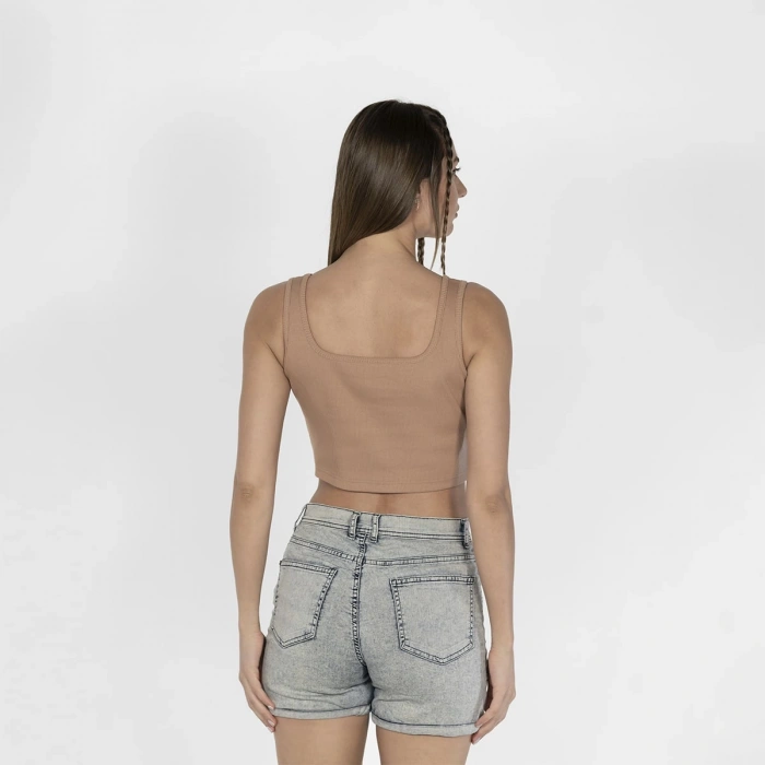 Geniş Askılı Nakışlı Kaşkorse Kadın Kahve Crop