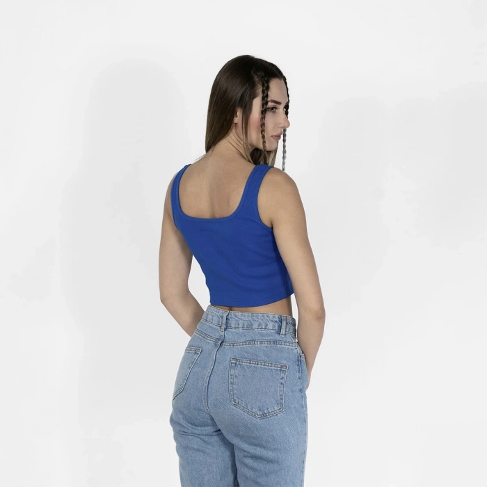 Geniş Askılı Nakışlı Kaşkorse Kadın Saks Mavi Crop