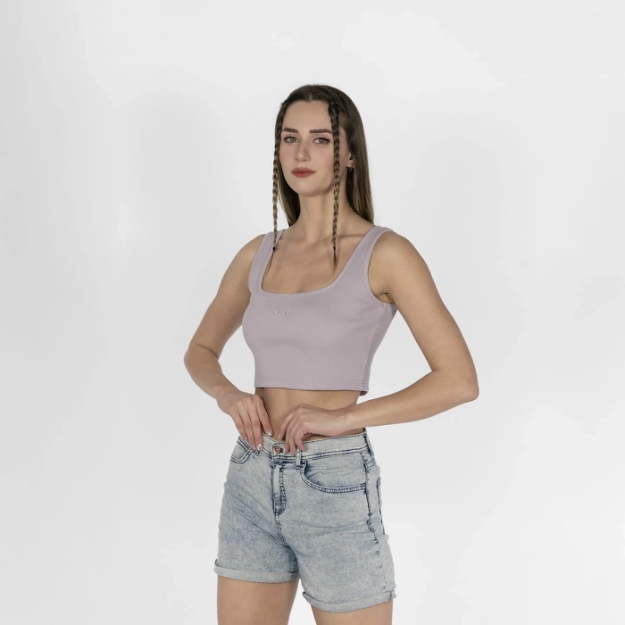Geniş Askılı Nakışlı Kaşkorse Kadın Lila Crop