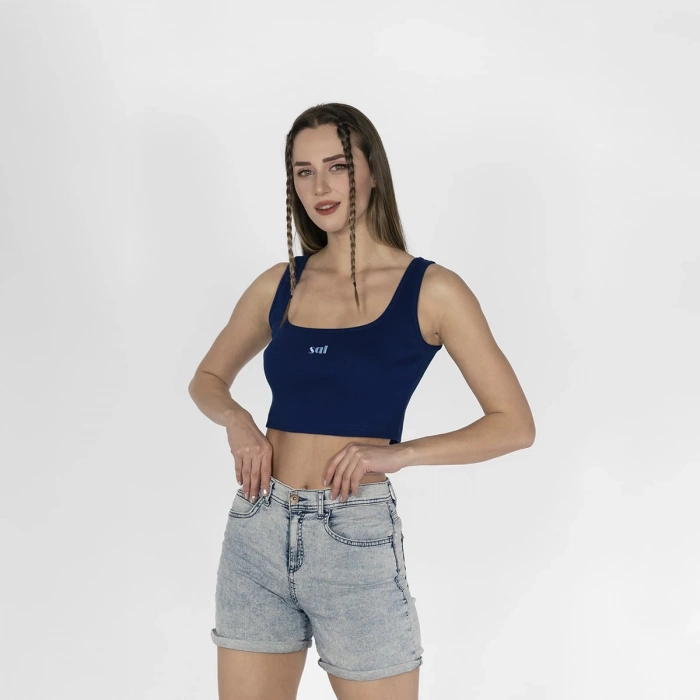 Geniş Askılı Nakışlı Kaşkorse Kadın Lacivert Crop