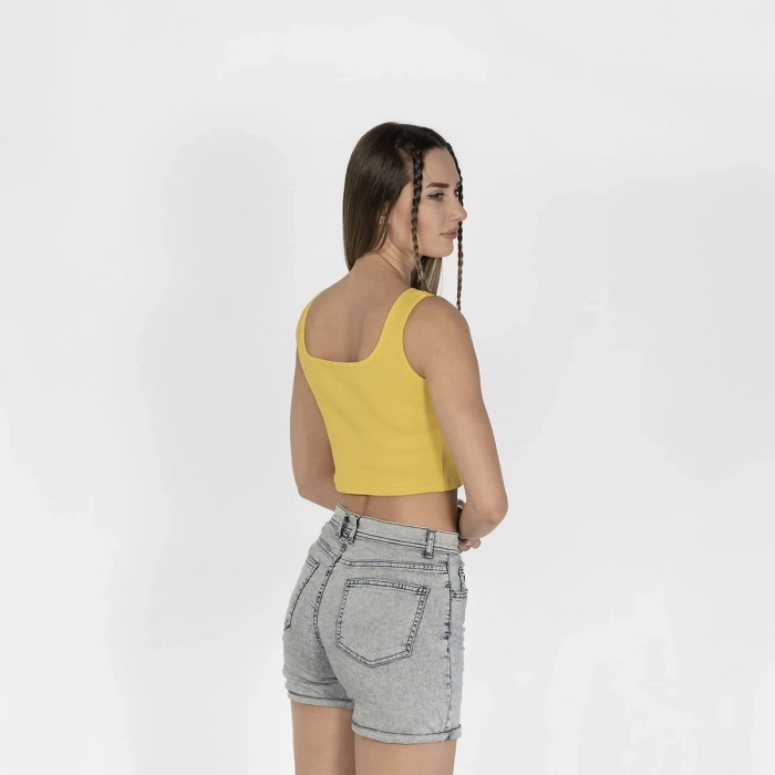 Geniş Askılı Nakışlı Kaşkorse Kadın Sarı Crop