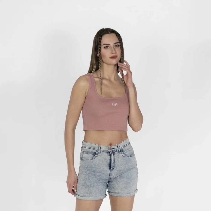 Geniş Askılı Nakışlı Kaşkorse Kadın Pembe Crop