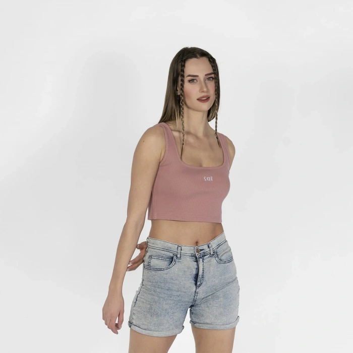 Geniş Askılı Nakışlı Kaşkorse Kadın Pembe Crop