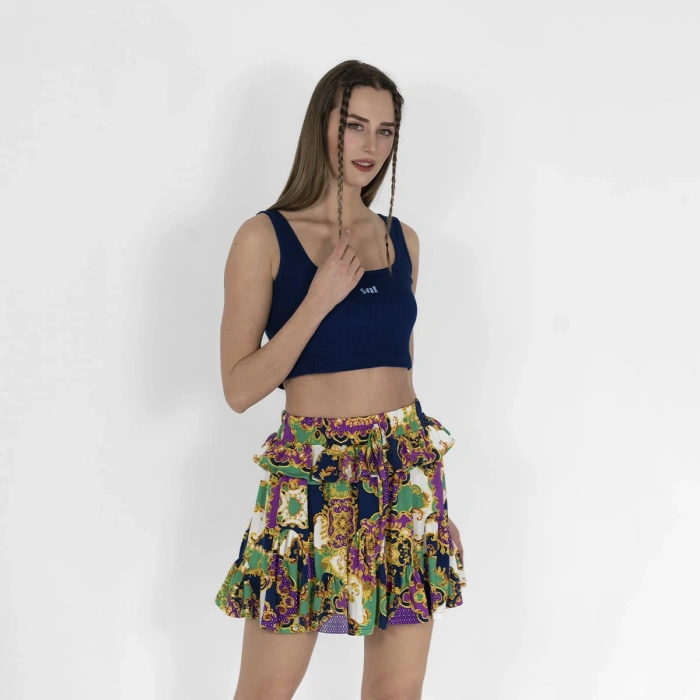 Beli Lastikli Fırfırlı Kadın Yeşil Etek