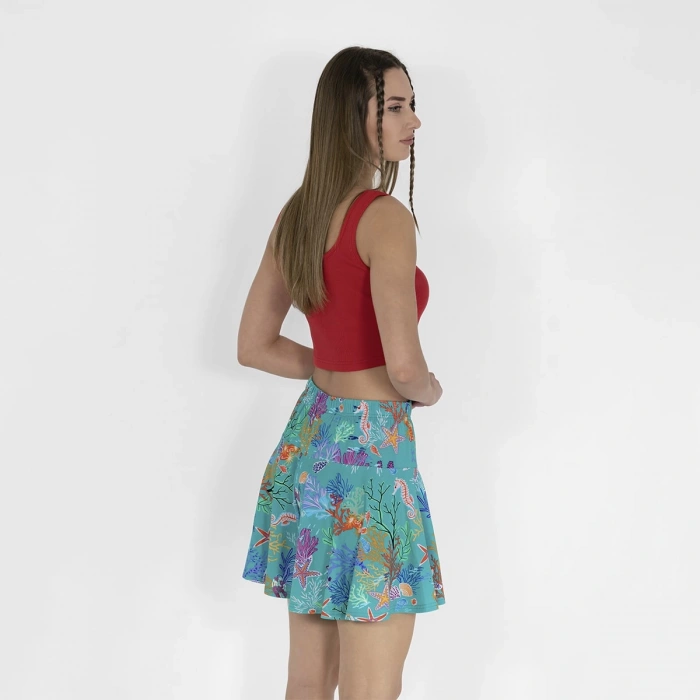 Beli Lastikli Şortlu Kadın Yeşil Baskılı Etek