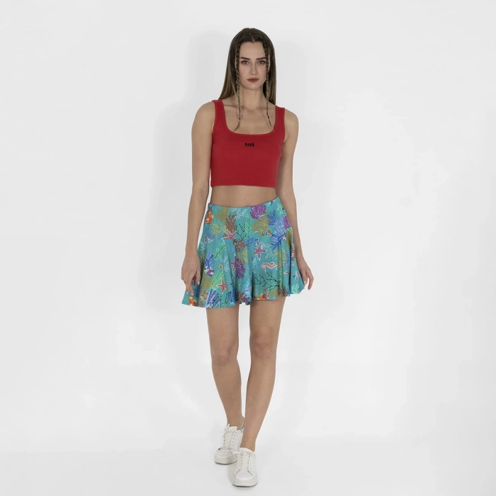 Beli Lastikli Şortlu Kadın Yeşil Baskılı Etek