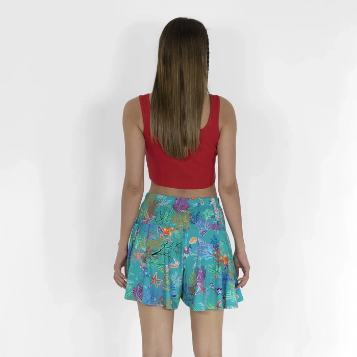 Beli Lastikli Şortlu Kadın Yeşil Baskılı Etek