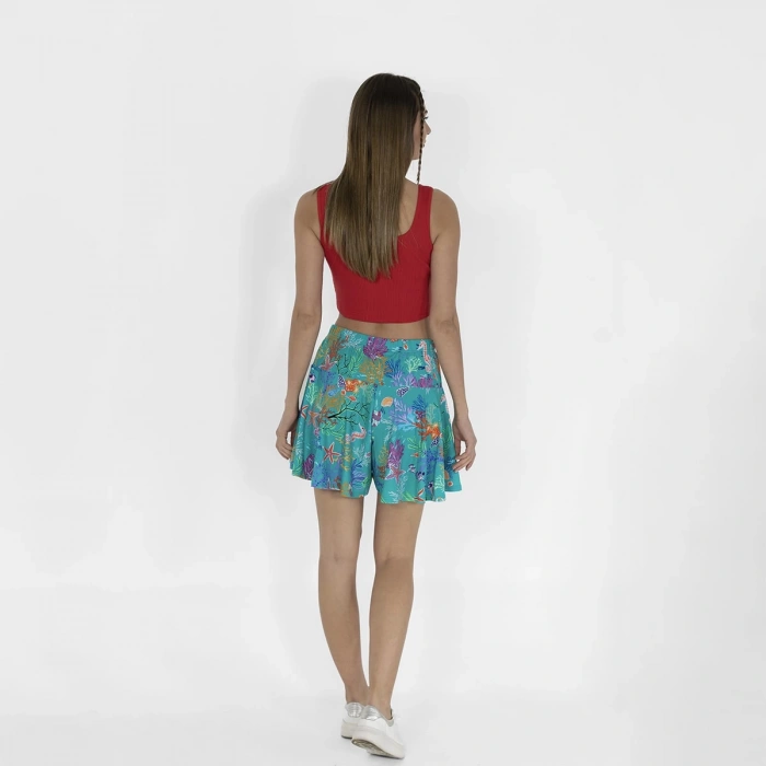 Beli Lastikli Şortlu Kadın Yeşil Baskılı Etek