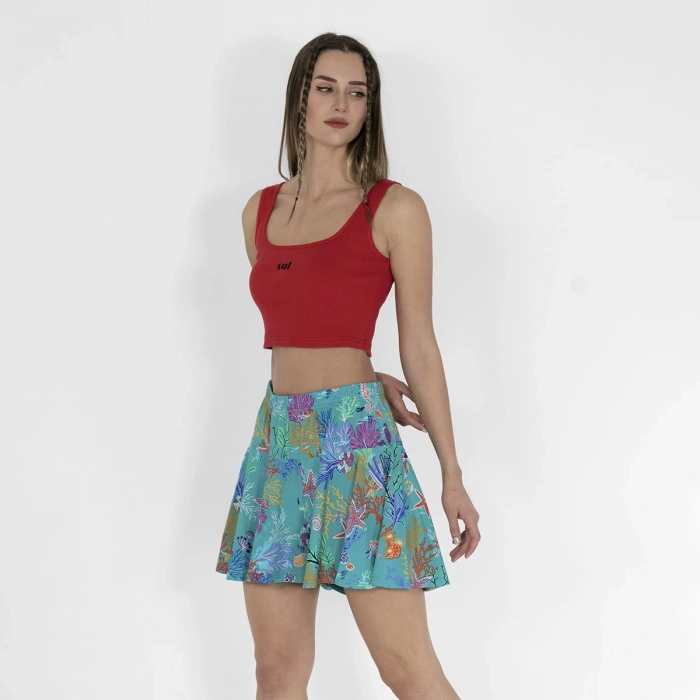 Beli Lastikli Şortlu Kadın Yeşil Baskılı Etek