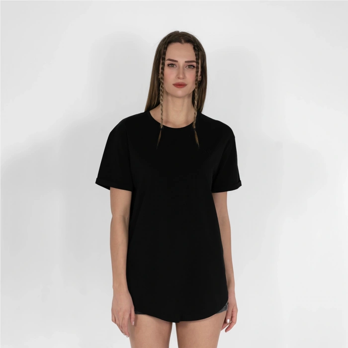 Oval Etek Nakışlı Unisex Siyah T-shirt