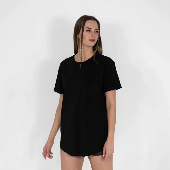 Oval Etek Nakışlı Unisex Siyah T-shirt