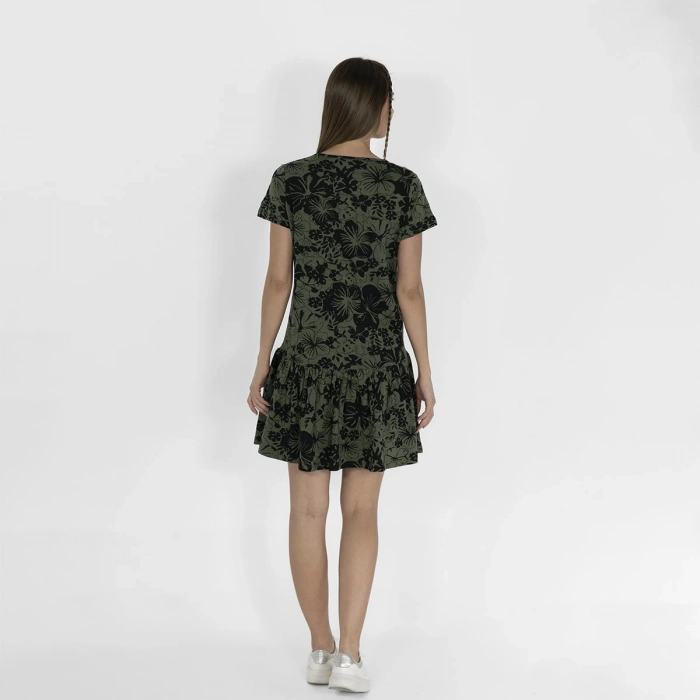 Metraj Baskılı Kadın Siyah Haki Fırfırlı Elbise