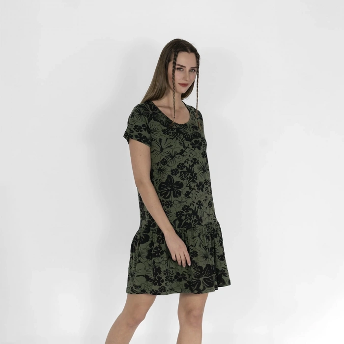 Metraj Baskılı Kadın Siyah Haki Fırfırlı Elbise