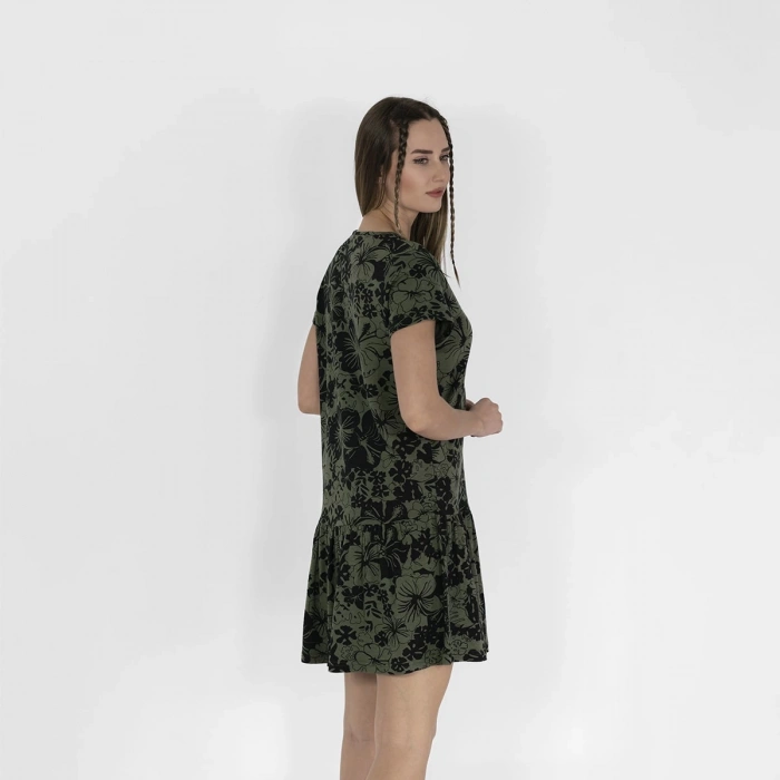 Metraj Baskılı Kadın Siyah Haki Fırfırlı Elbise